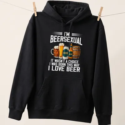 Illustrative t-shirt featuring the phrase about beer love, beer glasses and a barrel — printed on a unisex hoodie