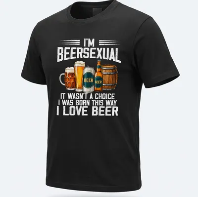 Illustrative t-shirt featuring the phrase about beer love, beer glasses and a barrel