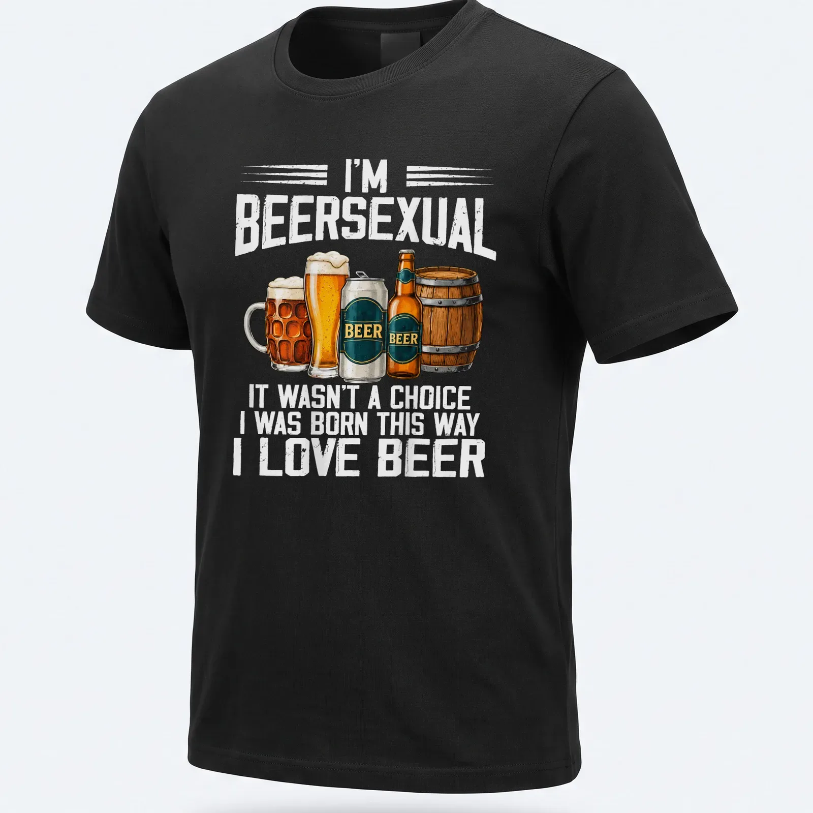 Illustrative t-shirt featuring the phrase about beer love, beer glasses and a barrel — printed on a unisex t-shirt