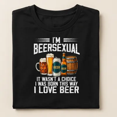 Illustrative t-shirt featuring the phrase about beer love, beer glasses and a barrel — printed on a women's shirt