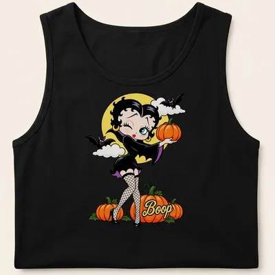 Cartoon style Betty Boop with pumpkins and the word 'Boop' in vibrant colors — printed on a tank top