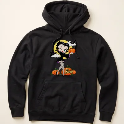 Cartoon style Betty Boop with pumpkins and the word 'Boop' in vibrant colors — printed on a unisex hoodie