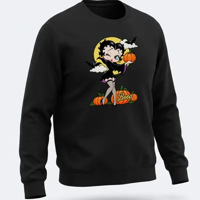 Cartoon style Betty Boop with pumpkins and the word 'Boop' in vibrant colors — printed on a unisex sweatshirt