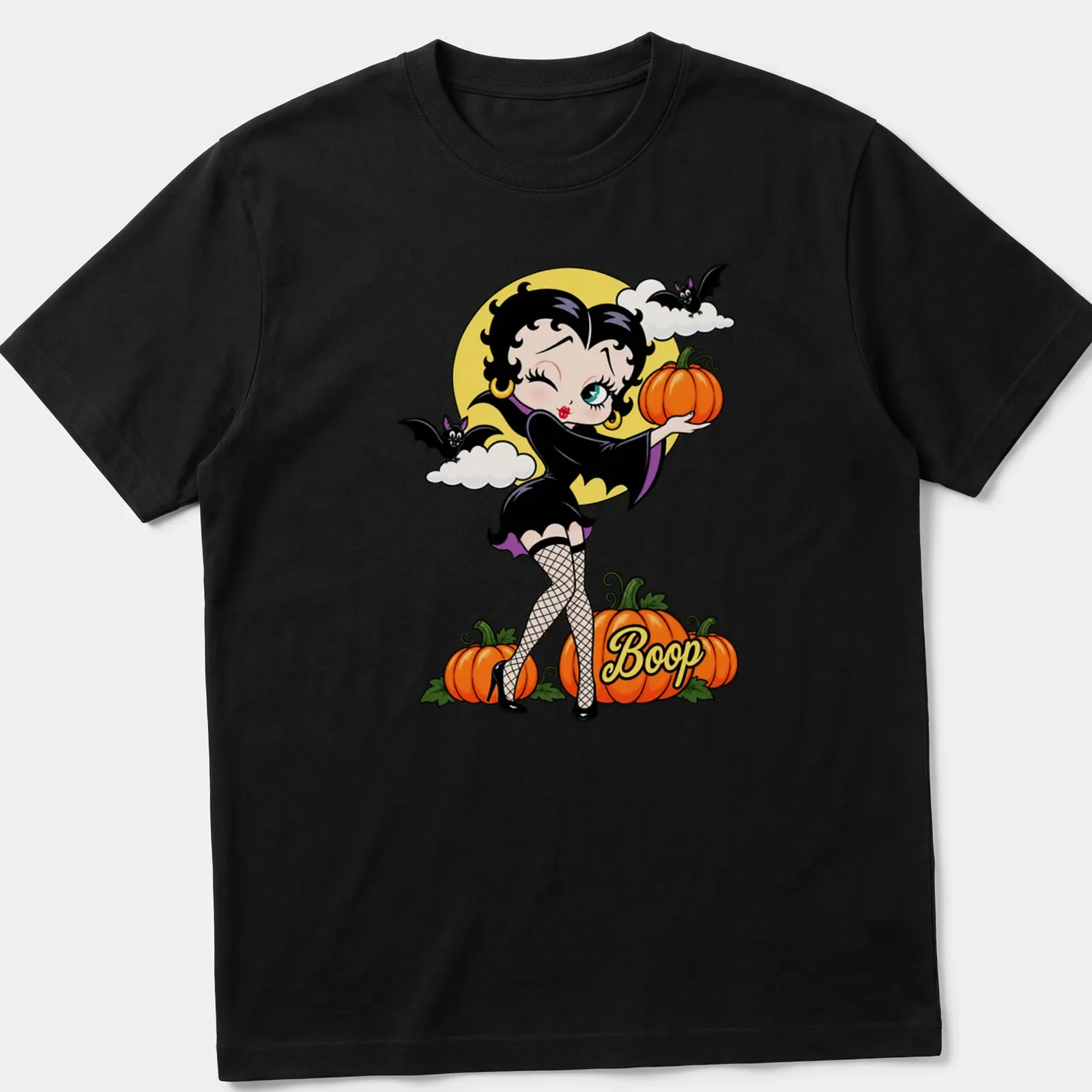 Cartoon style Betty Boop with pumpkins and the word 'Boop' in vibrant colors — printed on a unisex t-shirt
