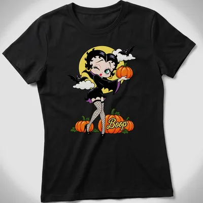 Cartoon style Betty Boop with pumpkins and the word 'Boop' in vibrant colors — printed on a women's shirt