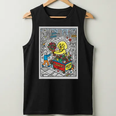 Colorful cartoon Bichon dog at a flower stand with text 'FLOWERS FRESH!' — printed on a tank top