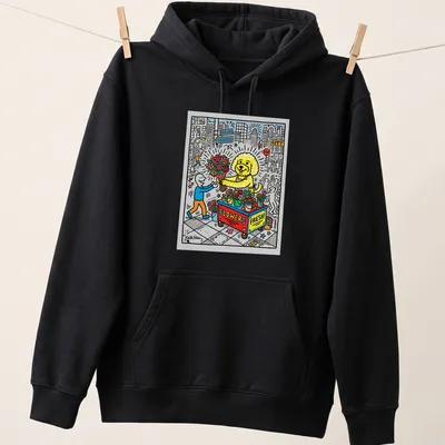 Colorful cartoon Bichon dog at a flower stand with text 'FLOWERS FRESH!' — printed on a unisex hoodie