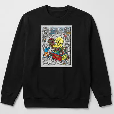 Colorful cartoon Bichon dog at a flower stand with text 'FLOWERS FRESH!' — printed on a unisex sweatshirt