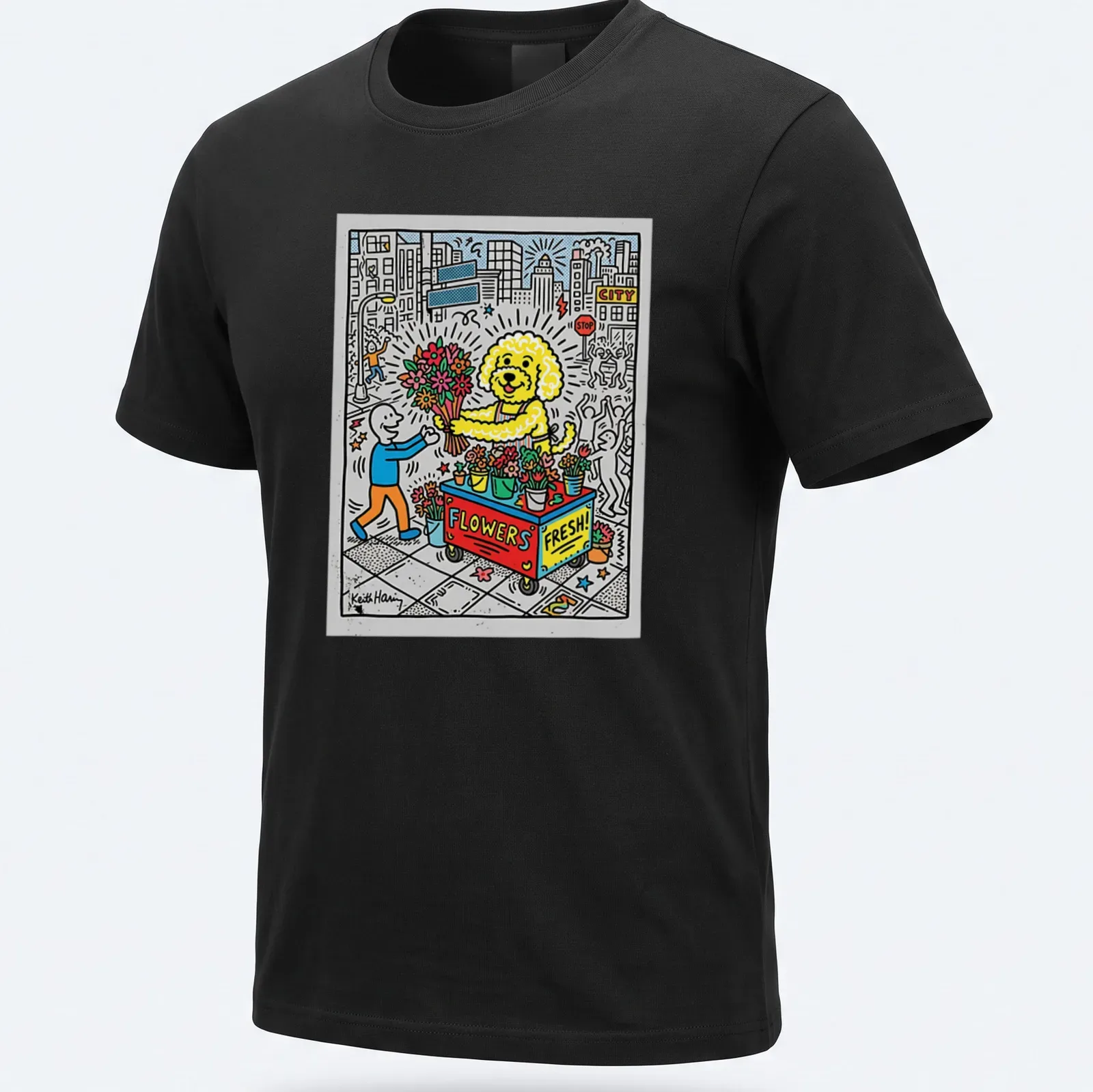 Colorful cartoon Bichon dog at a flower stand with text 'FLOWERS FRESH!' — printed on a unisex t-shirt
