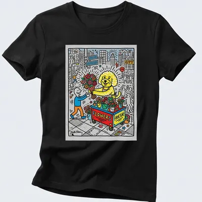 Colorful cartoon Bichon dog at a flower stand with text 'FLOWERS FRESH!' — printed on a women's shirt