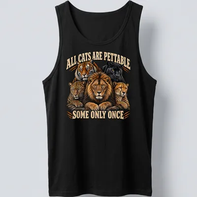 Detailed illustration of big cats with humorous text about petting cats — printed on a tank top