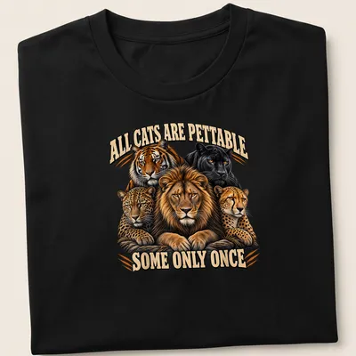 Detailed illustration of big cats with humorous text about petting cats