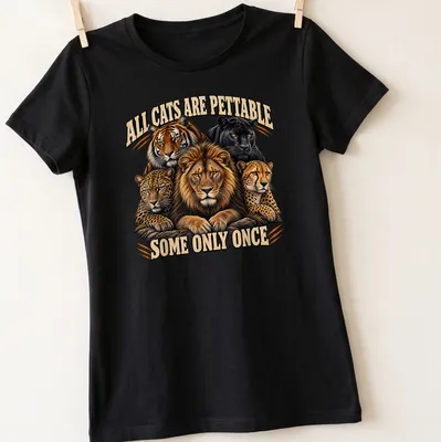 Detailed illustration of big cats with humorous text about petting cats — printed on a women's shirt