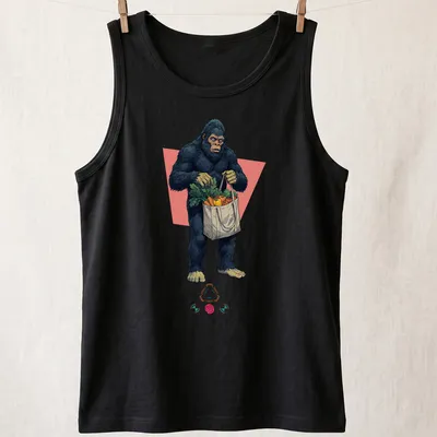 Cartoon of Bigfoot shopping with a cart filled with groceries — printed on a tank top