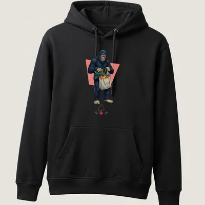 Cartoon of Bigfoot shopping with a cart filled with groceries — printed on a unisex hoodie