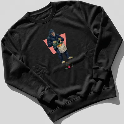 Cartoon of Bigfoot shopping with a cart filled with groceries — printed on a unisex sweatshirt
