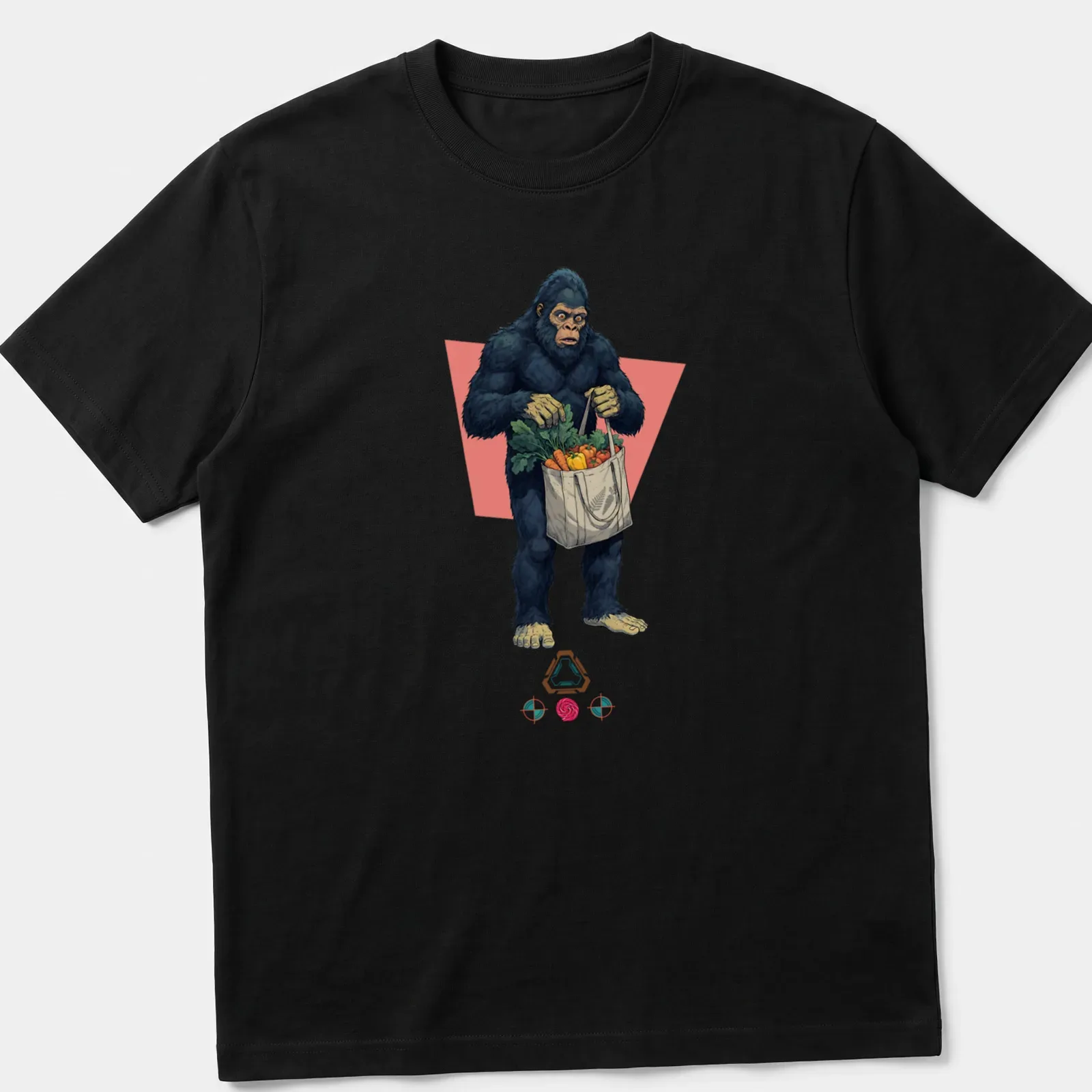 Cartoon of Bigfoot shopping with a cart filled with groceries — printed on a unisex t-shirt