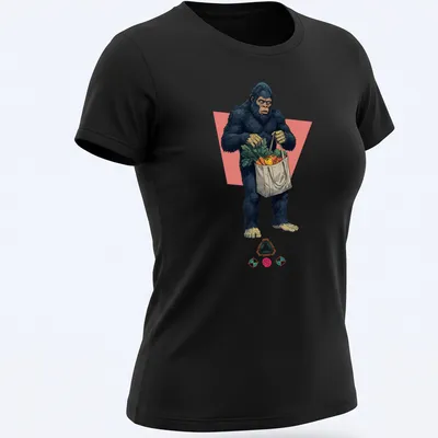 Cartoon of Bigfoot shopping with a cart filled with groceries — printed on a women's shirt