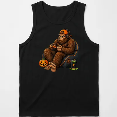 Cartoon Bigfoot surrounded by gaming and Halloween elements in vivid colors — printed on a tank top