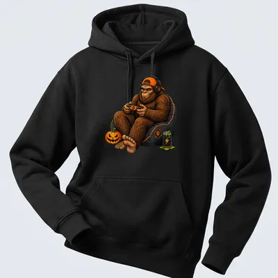 Cartoon Bigfoot surrounded by gaming and Halloween elements in vivid colors — printed on a unisex hoodie