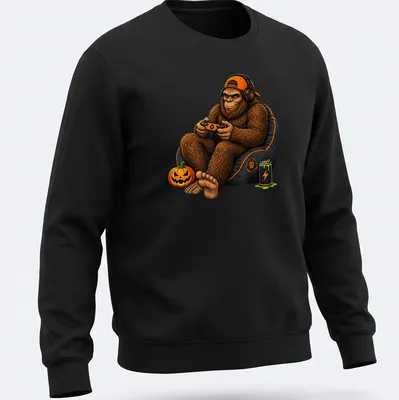 Cartoon Bigfoot surrounded by gaming and Halloween elements in vivid colors — printed on a unisex sweatshirt