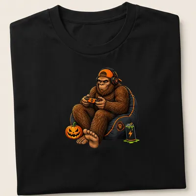 Cartoon Bigfoot surrounded by gaming and Halloween elements in vivid colors