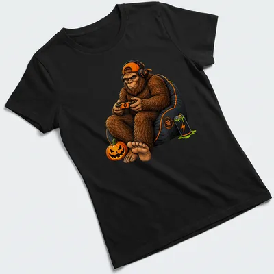 Cartoon Bigfoot surrounded by gaming and Halloween elements in vivid colors — printed on a women's shirt