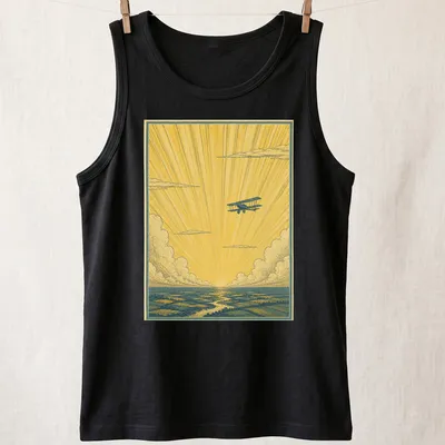 Vintage illustration of a biplane flying through sunshine rays in yellow, blue, and white — printed on a tank top