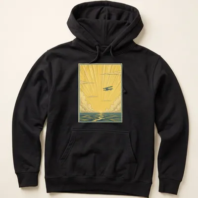 Vintage illustration of a biplane flying through sunshine rays in yellow, blue, and white — printed on a unisex hoodie