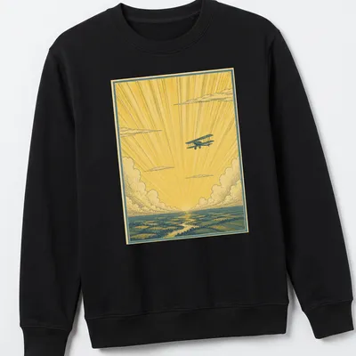 Vintage illustration of a biplane flying through sunshine rays in yellow, blue, and white — printed on a unisex sweatshirt