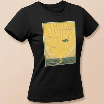 Vintage illustration of a biplane flying through sunshine rays in yellow, blue, and white — printed on a women's shirt