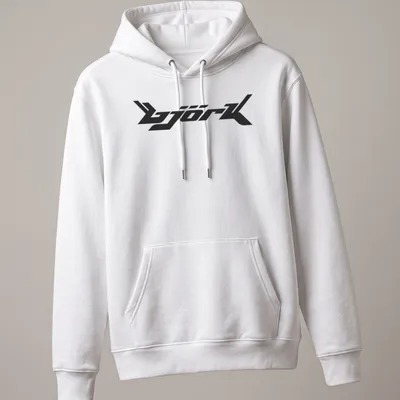 Black Bjork Logo T-shirt featuring the name in modern font — printed on a unisex hoodie