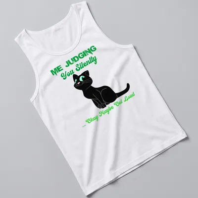 Cartoon black cat with text about judging, in black, green, and white colors — printed on a tank top