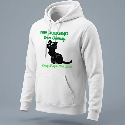 Cartoon black cat with text about judging, in black, green, and white colors — printed on a unisex hoodie