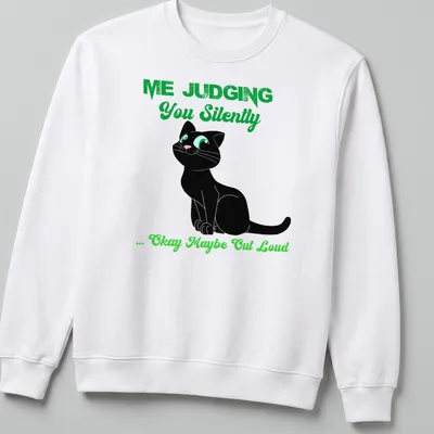 Cartoon black cat with text about judging, in black, green, and white colors — printed on a unisex sweatshirt