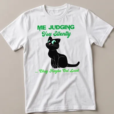 Cartoon black cat with text about judging, in black, green, and white colors — printed on a unisex t-shirt
