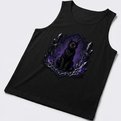 Gothic black cat surrounded by sigils in dark hues of purple and orange. — printed on a tank top