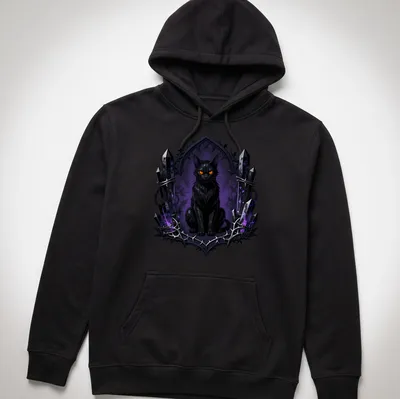 Gothic black cat surrounded by sigils in dark hues of purple and orange. — printed on a unisex hoodie