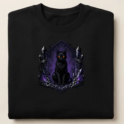 Gothic black cat surrounded by sigils in dark hues of purple and orange. — printed on a unisex sweatshirt