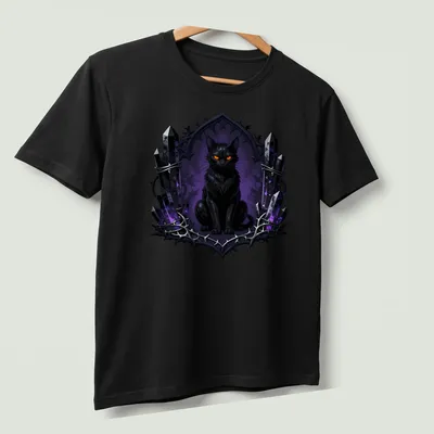 Gothic black cat surrounded by sigils in dark hues of purple and orange. — printed on a unisex t-shirt (angled view)