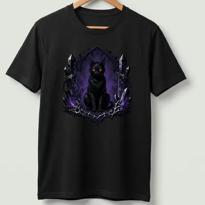 Gothic black cat surrounded by sigils in dark hues of purple and orange.
