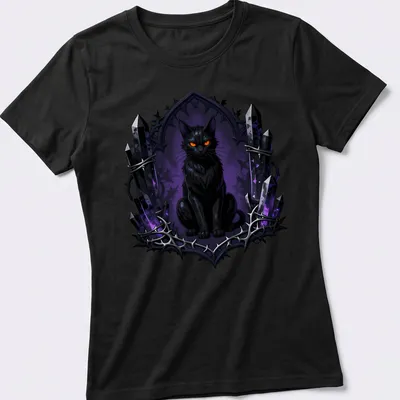 Gothic black cat surrounded by sigils in dark hues of purple and orange. — printed on a women's shirt