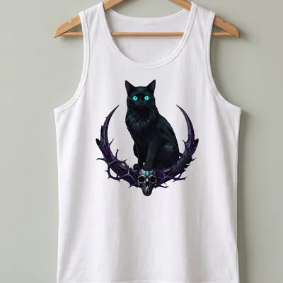 Gothic design of a black cat with turquoise eyes and a crow skull — printed on a tank top