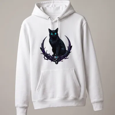 Gothic design of a black cat with turquoise eyes and a crow skull — printed on a unisex hoodie