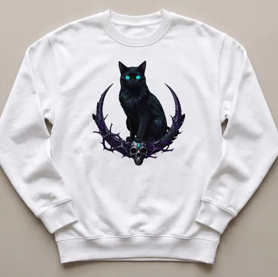 Gothic design of a black cat with turquoise eyes and a crow skull — printed on a unisex sweatshirt