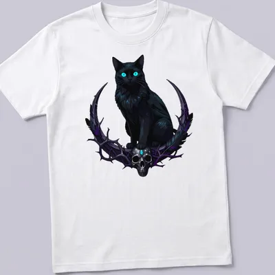 Gothic design of a black cat with turquoise eyes and a crow skull