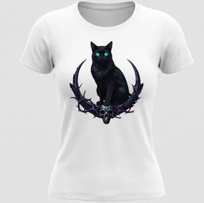 Gothic design of a black cat with turquoise eyes and a crow skull — printed on a women's shirt