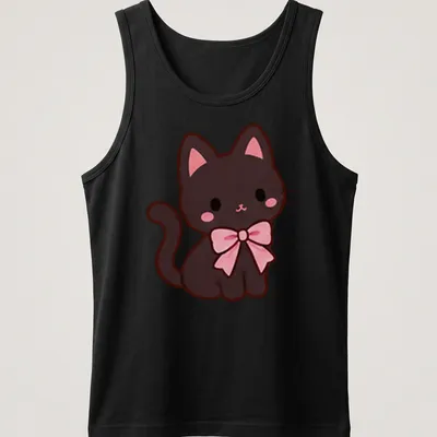 Kawaii line-art black kitten with a pink bow on a — printed on a tank top