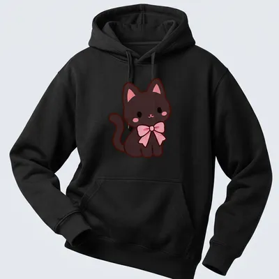 Kawaii line-art black kitten with a pink bow on a — printed on a unisex hoodie