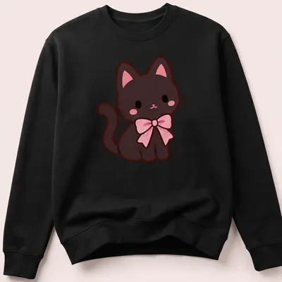 Kawaii line-art black kitten with a pink bow on a — printed on a unisex sweatshirt
